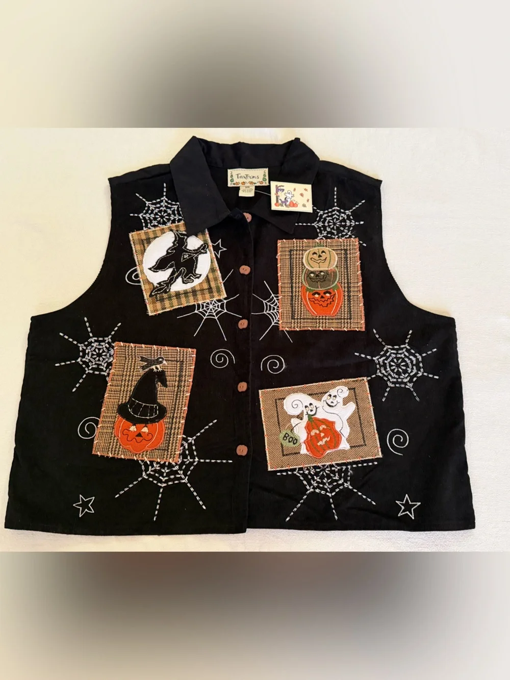 Vintage Black Corduroy Halloween Vest with Embroidered Patchwork Women’s XXL NWT